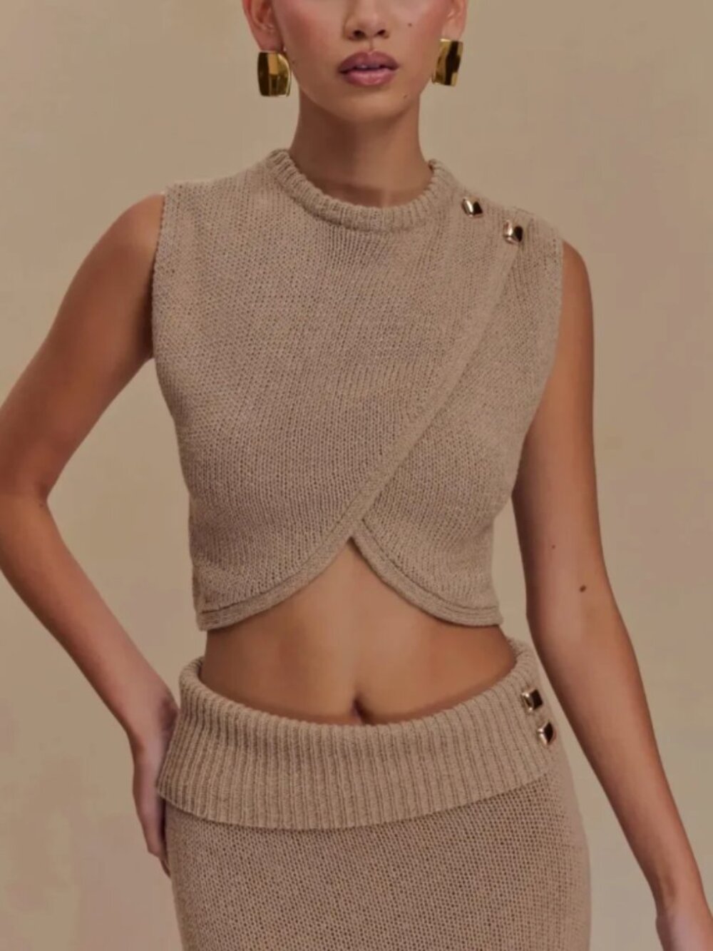 MESHKI Knit Crop Top with Gold Detailing
